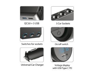 Rozdzielacz gniazda zapalniczki samochodowej Maclean MCE218 3 gniazda zapalniczki, 1xQuick Charge 3.0, 3xUSB 6,8A, 1x Power Delivery 18W, max 120W