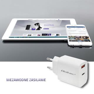 Ładowarka sieciowa Qoltec 18W | 5-12V | 1.5-3A | USB typ C PD | USB QC 3.0 | Biała