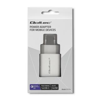Ładowarka sieciowa Qoltec 18W | 5-12V | 1.5-3A | USB typ C PD | USB QC 3.0 | Biała