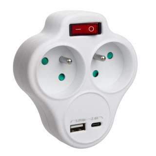 Gniazdko prądowe Maclean MCE336 E, rozgałęźnik z 2 gniazdami i USB A/C 2.4A, typu E, 2x16A