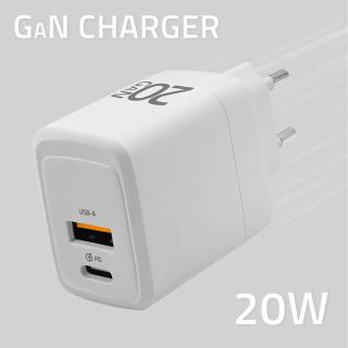 Ładowarka sieciowa Qoltec 20W GaN | 5-20V | 1.5-3A | 1xUSB-C PD | 1xUSB QC 3.0 | Biała