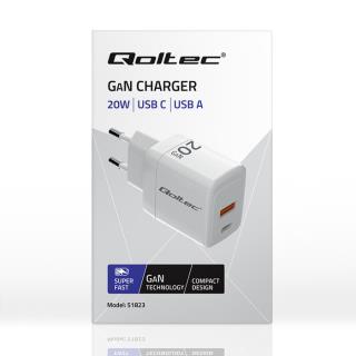 Ładowarka sieciowa Qoltec 20W GaN | 5-20V | 1.5-3A | 1xUSB-C PD | 1xUSB QC 3.0 | Biała