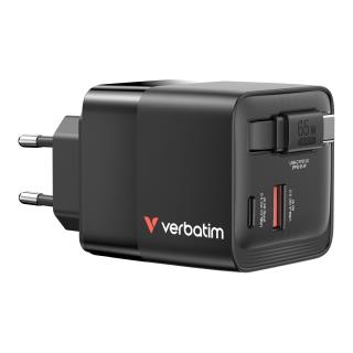 Ładowarka ścienna Verbatim GaN 65W 1xUSB-C PD 3.0 1xUSB-A QC 3.0 z kablem USB-C PD 65W EU/UK/US