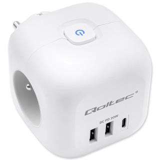 Kostka zasilająca Qoltec przedłużacz 6w1 z podświetlanym włącznikiem | 3x AC | 2x USB | 1x USB-C PD 20W | Biała