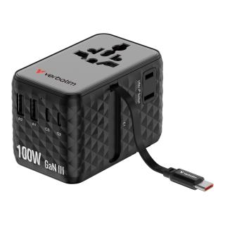 Adapter podróżny Verbatim Charge 'n' Travel GaN III globalny 1xUSB-C PD 3.0 QC 4+ 100W, 2xUSB-C 15W, 1xUSB-A 12W czarny