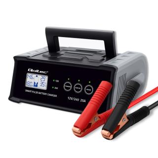 Ładowarka inteligentna Qoltec mikroprocesorowa 12V 24V 25A | Prostownik z funkcją naprawy do akumulatora AGM GEL SLA | LCD