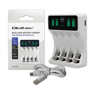 Ładowarka Qoltec do akumulatorków Ni-MH typu R03 AAA R6 AA | LCD | Kabel USB-C | Biała
