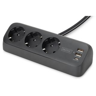 Listwa zasilająca biurkowa DIGITUS 3 gniazda Schuko, 2x USB-A (2x 12W), 1x USB-C (30W) z zaciskiem na blat, kabel 1,5m, czarna