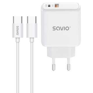 Ładowarka sieciowa 20W SAVIO LA-13 + Kabel Quick Charge Power Delivery 3.0 Biała