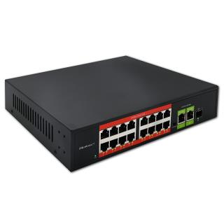 Switch niezarządzalny Qoltec przełącznik sieciowy Fast Ethernet PoE | 16x RJ45 10/100 Mb/s | 2x RJ45 Uplink 1000 Mb/s | 1x SFP 1000 Mb/s
