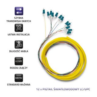 Pigtail światłowodowy Qoltec 12x LC/UPC | SM | G657A2 | 2m