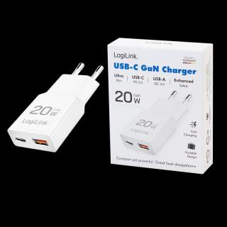 Ładowarka sieciowa LogiLink PA0346 USB GaN, 20 W, 1x USB-C (PD), 1x USB-A (QC), biała