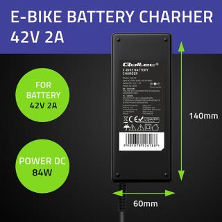 Ładowarka Qoltec do roweru elektrycznego 36V | 42V | 2A | 3P-GX16 +kabel zasilający