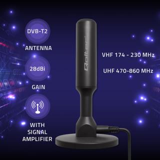 Antena telewizyjna Qoltec DVB-T2 ze wzmacniaczem sygnału i magnetyczną podstawą | wewnętrzna | 4K | 28dBi | 5m