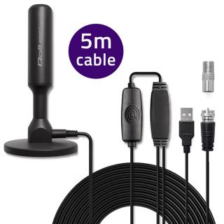 Antena telewizyjna Qoltec DVB-T2 ze wzmacniaczem sygnału i magnetyczną podstawą | wewnętrzna | 4K | 28dBi | 5m