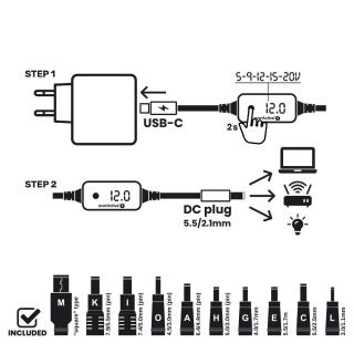Selektor napięcia, kabel uniwersalny everActive USB-C PD - DC 5V, 9V, 12V, 15V, 20V - 10 wtyków