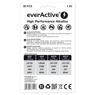 Baterie alkaliczne mini everActive 10 x G3 / LR41,  5 x G4 / LR626, 5 x G10 / LR1130, 10 x G13 / LR1154 zestaw 30 sztuk
