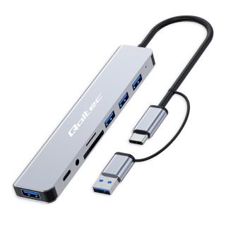 Hub Qoltec 8w1 USB-C/USB | USB-C | 4xUSB | SD/TF card | Jack 3.5mm TRRS