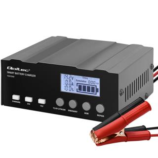 Ładowarka inteligentna Qoltec mikroprocesorowa 12V | 12.6V | 24V | Prostownik z funkcją naprawy do akumulatora AGM GEL LiFePO4 | LCD