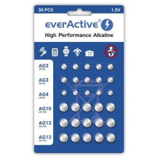 Baterie alkaliczne mini everActive 10 x G3 / LR41,  5 x G4 / LR626, 5 x G10 / LR1130, 10 x G13 / LR1154 zestaw 30 sztuk