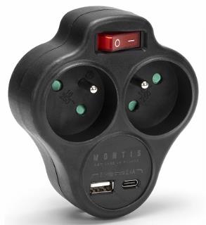Rozgałęźnik sieciowy podwójny z wyłącznikiem + USB-A + USB-C MONTIS MT144-BK czarny