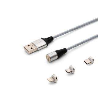 Kabel USB 2.0 SAVIO CL-153 USB – USB Typ C, Micro i Lightning, QC i PD 3.0, magnetyczny, 1m, srebrny