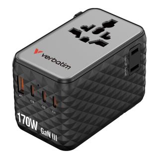 Adapter podróżny Verbatim Charge 'n' Travel GaN III globalny 170W, 2xUSB-C PD 3.1 QC 4+ 140W, 1xUSB-C PD 3.0 QC 3.0 30W, 1xUSB-A QC 3.0 18W