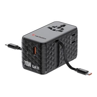 Adapter podróżny Verbatim Charge 'n' Travel GaN III globalny 1xUSB-C PD 3.0 QC 4+ 70W, 1xUSB-C PD 3.0 QC 4+ 60W, 1xUSB-C 5W, 1x USB-A QC 3.0 czarny