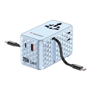 Adapter podróżny Verbatim Charge 'n' Travel GaN III globalny 1xUSB-C PD 3.0 QC 4+ 70W, 1xUSB-C PD 3.0 QC 4+ 60W, 1xUSB-C 5W, 1x USB-A QC 3.0 niebies  