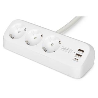 Listwa zasilająca biurkowa DIGITUS 3 gniazda Schuko, 2x USB-A (2x 12W), 1x USB-C (30W) z zaciskiem na blat, kabel 1,5m, biała