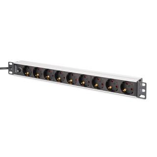 Listwa zasilająca DIGITUS PDU Rack 19" z bezpiecznikiem przeciążeniowym, 9 gniazd Schuko CEE 7/3 (45°), kabel 2m wtyk IEC C14, 10A, aluminiowa