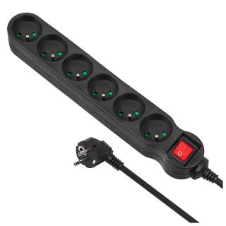 Listwa zasilająca przedłużacz Maclean MCE225 6 gniazd z wyłącznikiem zabezpieczenie przepięciowe czarna 1,5m 2300W