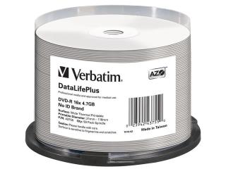 Płyty DVD-R Verbatim 4.7GB X16 AZO DL+ printable thermal białe NO ID (50 Cake)